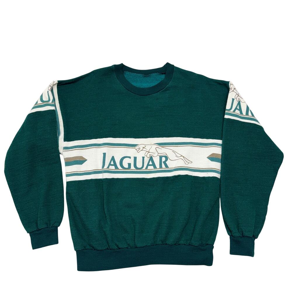Vintage 80s Jaguar Sweatshirt Medium Dark Green Crewneck Logo Fleece Racing